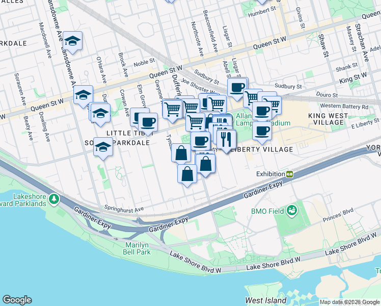 map of restaurants, bars, coffee shops, grocery stores, and more near 200 Dufferin Street in Toronto