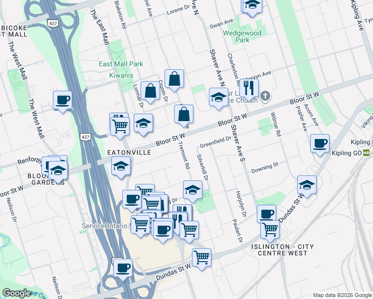 map of restaurants, bars, coffee shops, grocery stores, and more near 11 Tremont Road in Toronto
