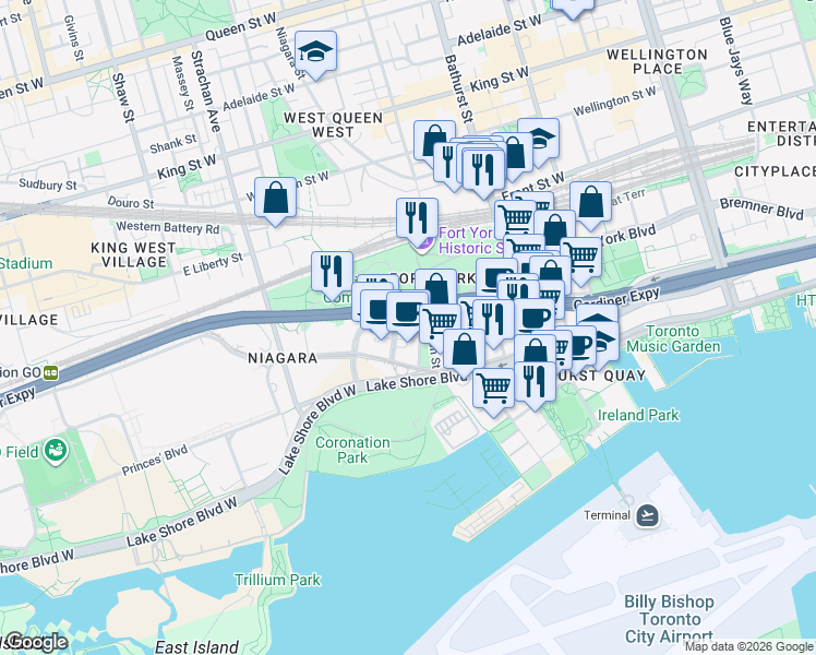 map of restaurants, bars, coffee shops, grocery stores, and more near 209 Fort York Boulevard in Toronto