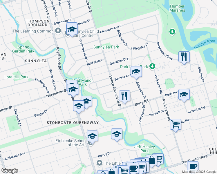 map of restaurants, bars, coffee shops, grocery stores, and more near 5 Fairmar Avenue in Toronto