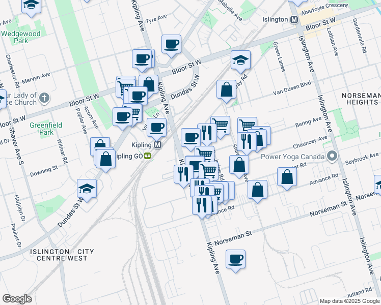 map of restaurants, bars, coffee shops, grocery stores, and more near 386 Bering Avenue in Toronto