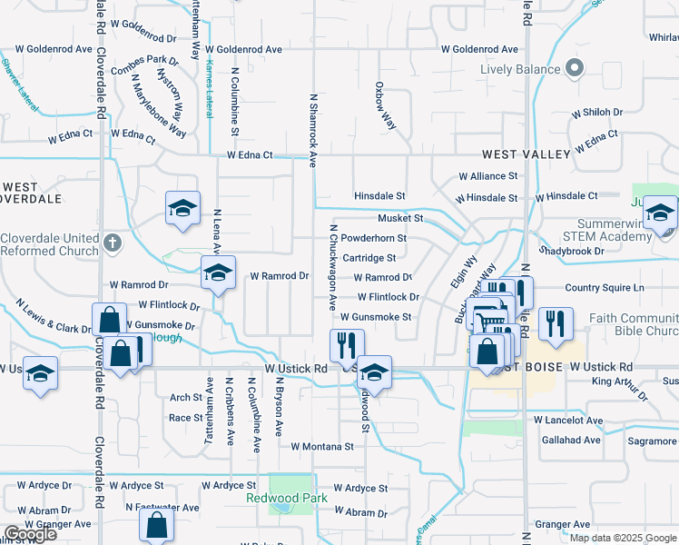 map of restaurants, bars, coffee shops, grocery stores, and more near 11366 West Flintlock Drive in Boise