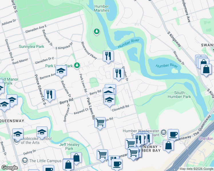 map of restaurants, bars, coffee shops, grocery stores, and more near 162 Berry Road in Toronto