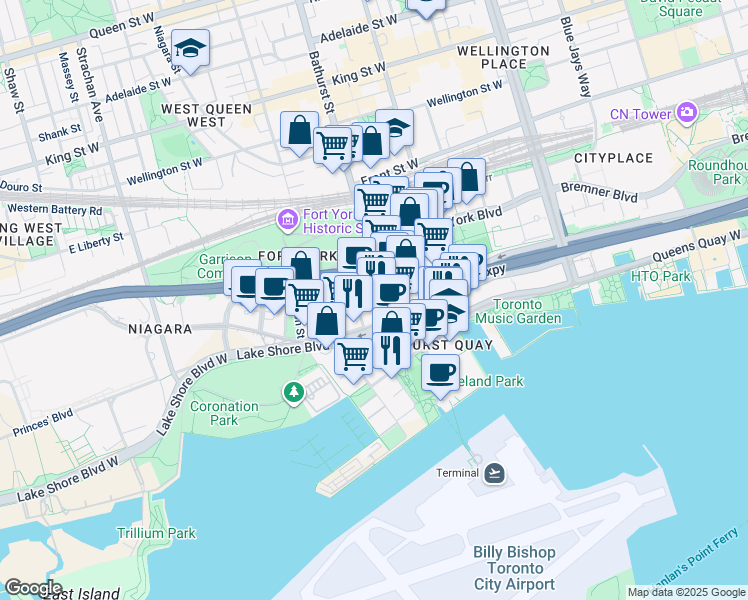 map of restaurants, bars, coffee shops, grocery stores, and more near 15 Bruyeres Mews in Toronto