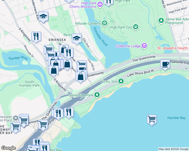 map of restaurants, bars, coffee shops, grocery stores, and more near 15 Windermere Avenue in Toronto