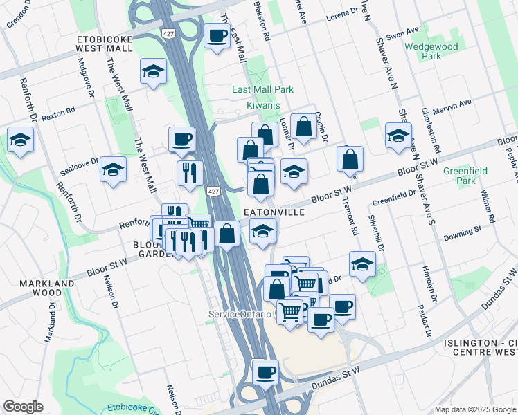 map of restaurants, bars, coffee shops, grocery stores, and more near 300 The East Mall in Toronto