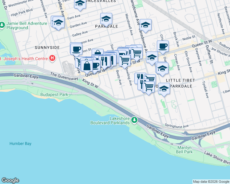 map of restaurants, bars, coffee shops, grocery stores, and more near 9 Wilson Park Road in Toronto