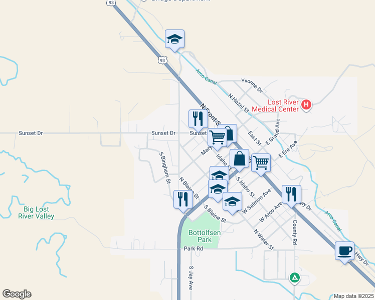 map of restaurants, bars, coffee shops, grocery stores, and more near 300-328 W Challis Ave in Arco
