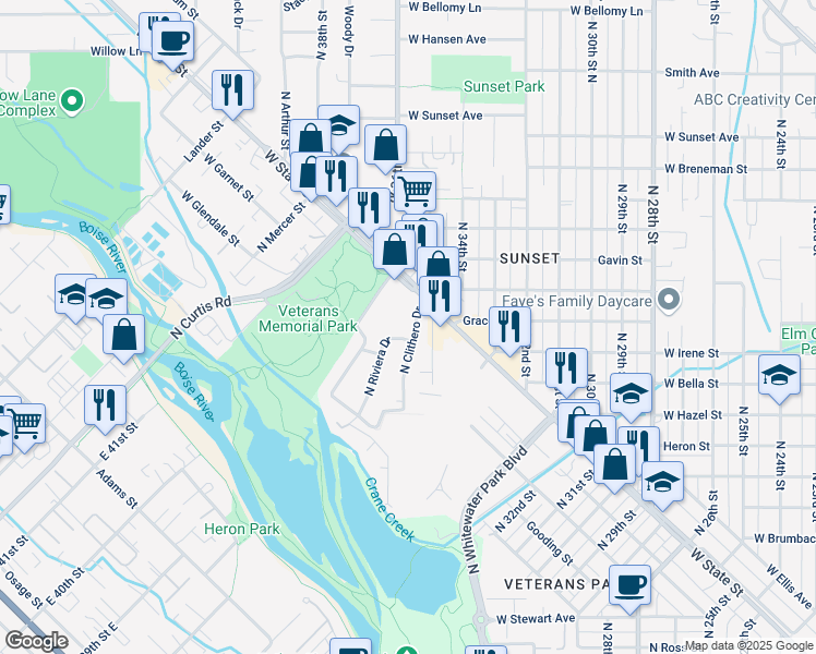 map of restaurants, bars, coffee shops, grocery stores, and more near 1021 Clithero Drive in Boise