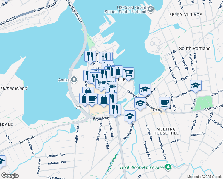 map of restaurants, bars, coffee shops, grocery stores, and more near 169 Ocean Street in South Portland
