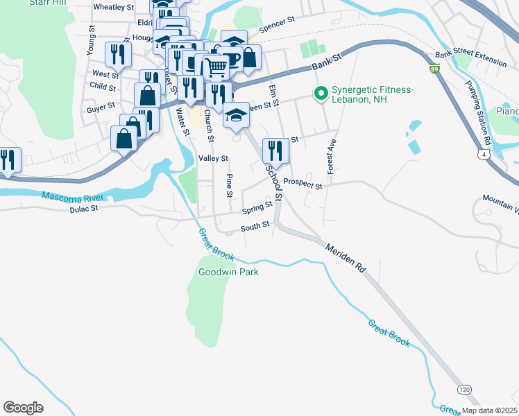 map of restaurants, bars, coffee shops, grocery stores, and more near 11 South Street in Lebanon