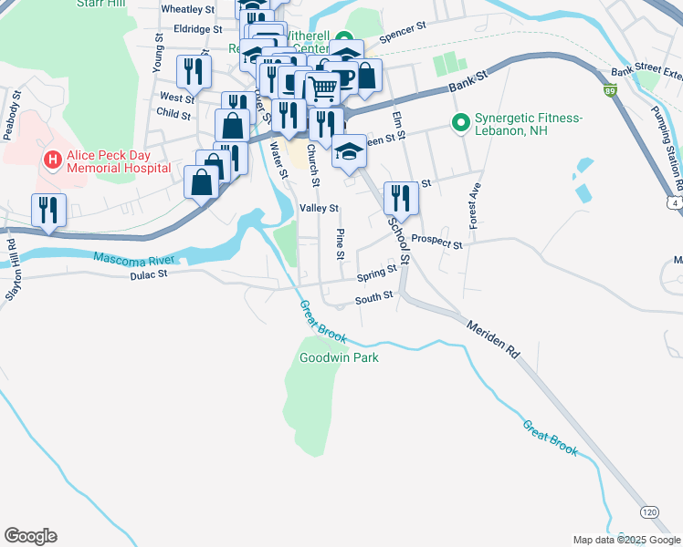 map of restaurants, bars, coffee shops, grocery stores, and more near 23 South Street in Lebanon