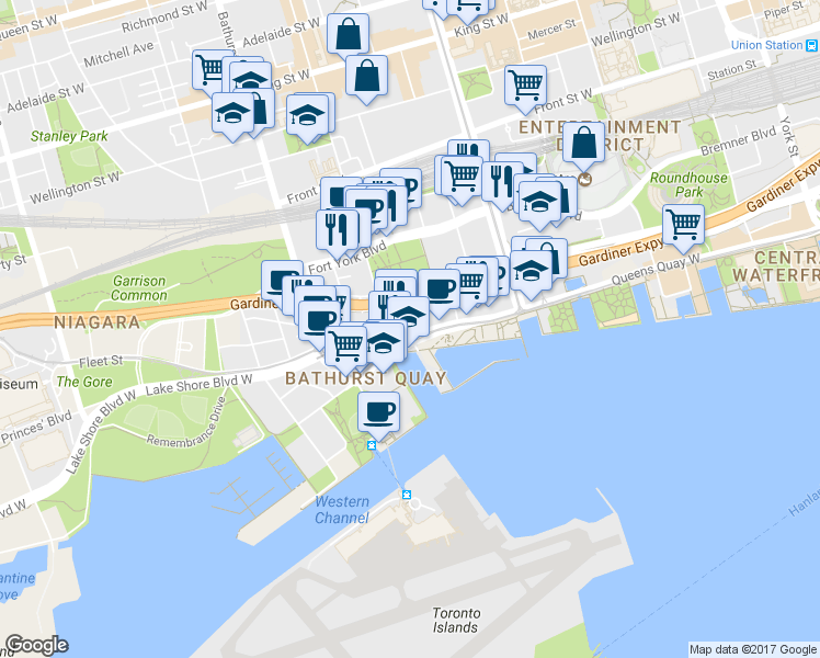 map of restaurants, bars, coffee shops, grocery stores, and more near 600 Queens Quay West in Toronto