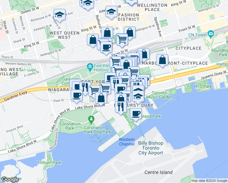 map of restaurants, bars, coffee shops, grocery stores, and more near 106 Bruyeres Mews in Toronto