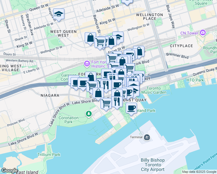 map of restaurants, bars, coffee shops, grocery stores, and more near 106 Bruyeres Mews in Toronto
