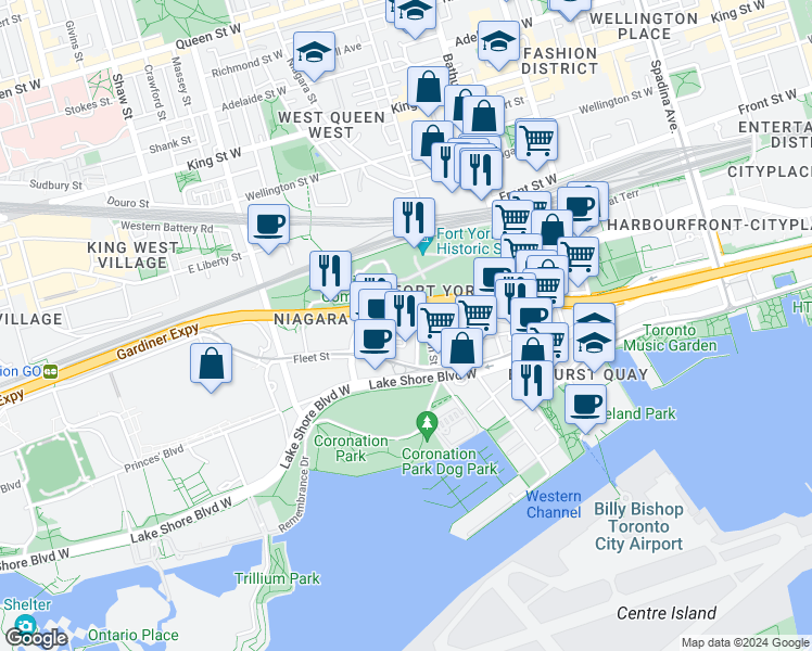 map of restaurants, bars, coffee shops, grocery stores, and more near 215 Bastion Street in Toronto