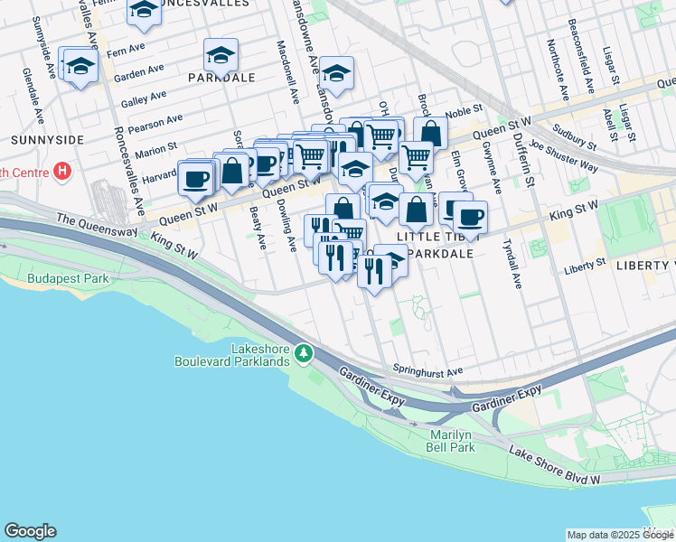 map of restaurants, bars, coffee shops, grocery stores, and more near in Toronto