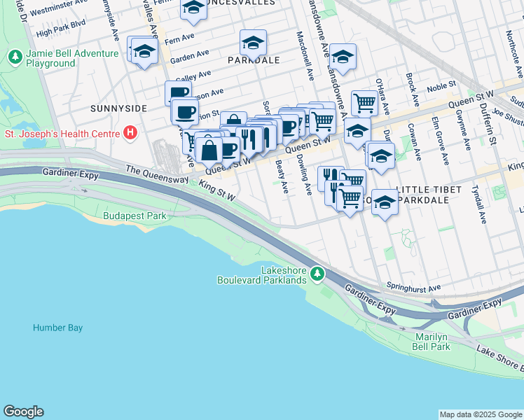 map of restaurants, bars, coffee shops, grocery stores, and more near 1516 King Street West in Toronto