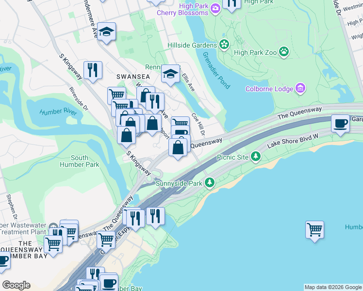 map of restaurants, bars, coffee shops, grocery stores, and more near 88 Palace Pier Court in Toronto