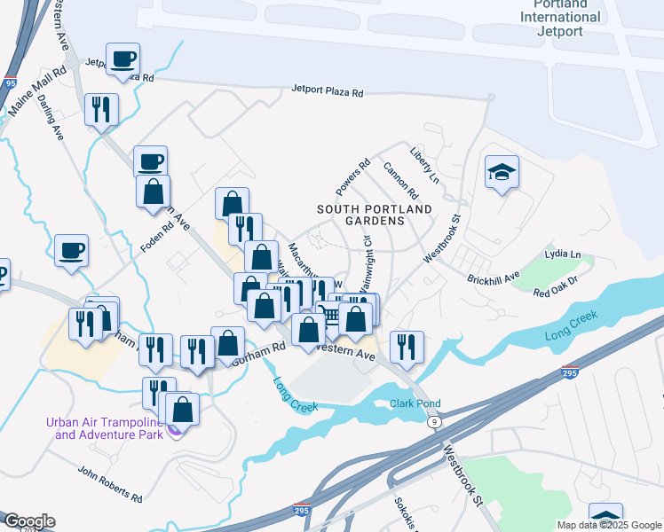 map of restaurants, bars, coffee shops, grocery stores, and more near 44 Mac Arthur Street in South Portland