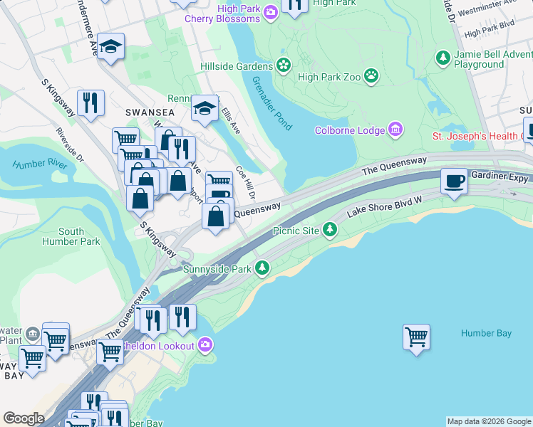 map of restaurants, bars, coffee shops, grocery stores, and more near 7 Windermere Avenue in Toronto