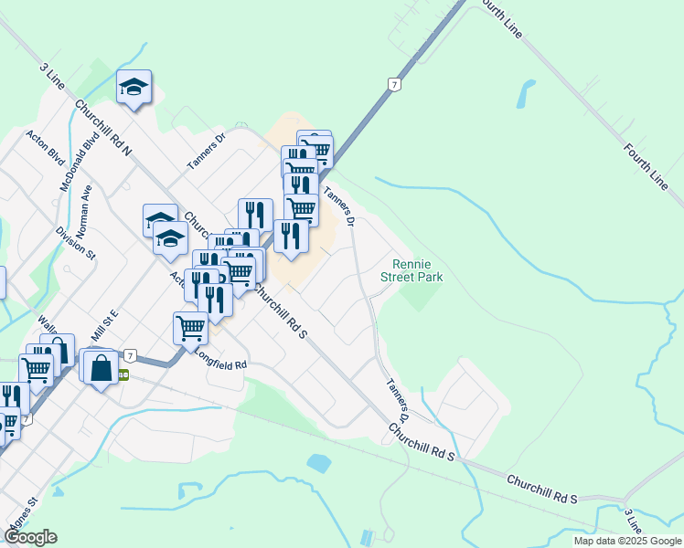 map of restaurants, bars, coffee shops, grocery stores, and more near 71 Beardmore Crescent in Acton