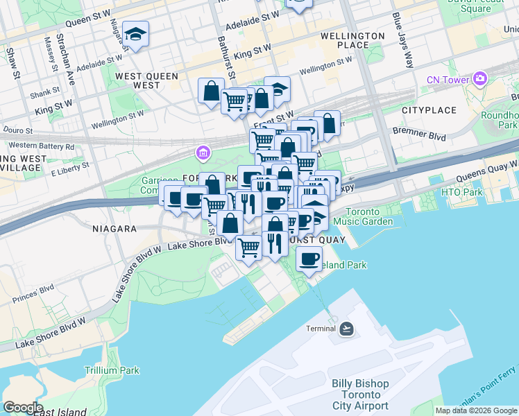 map of restaurants, bars, coffee shops, grocery stores, and more near Bruyeres Mews in Toronto