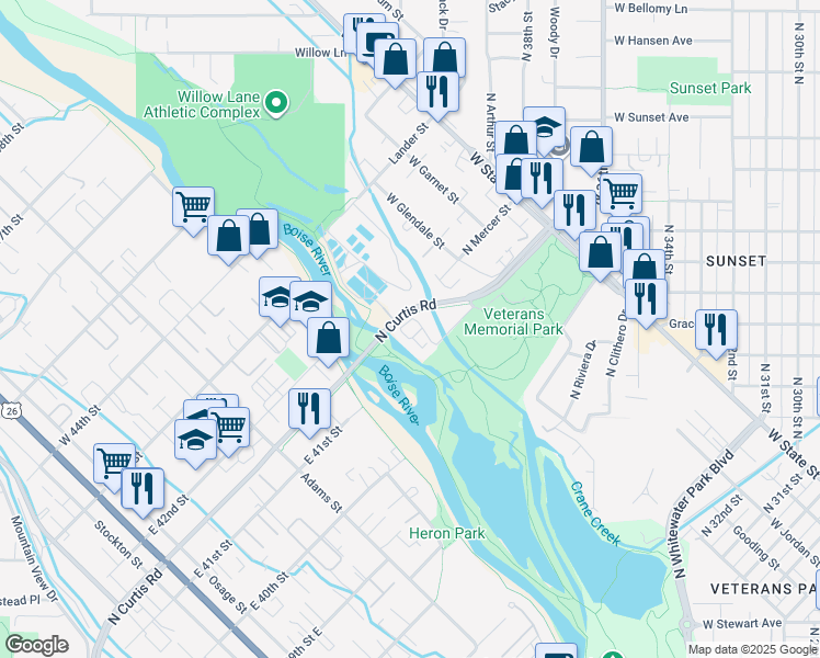 map of restaurants, bars, coffee shops, grocery stores, and more near 729 North Stilson Road in Boise