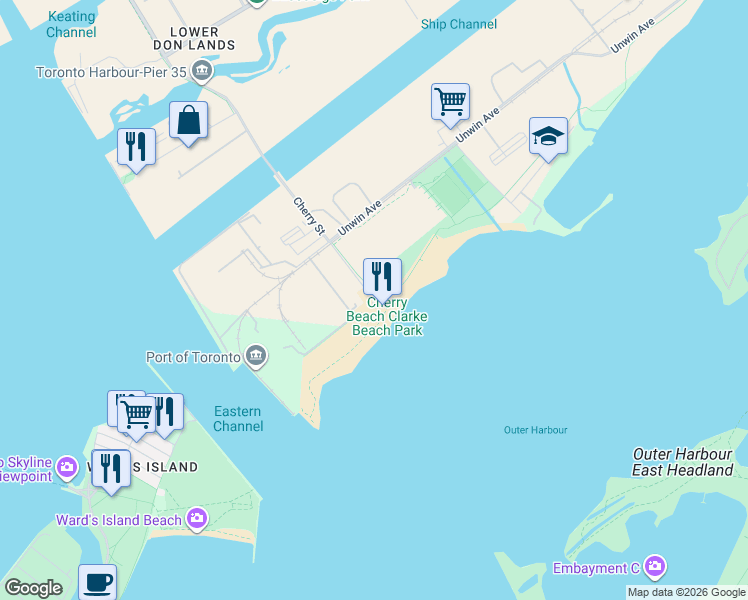map of restaurants, bars, coffee shops, grocery stores, and more near 0 Cherry Street in Toronto