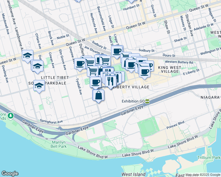 map of restaurants, bars, coffee shops, grocery stores, and more near 60A Fraser Avenue in Toronto