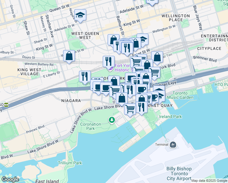 map of restaurants, bars, coffee shops, grocery stores, and more near 35 Bastion Street in Toronto