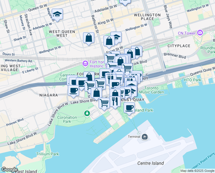 map of restaurants, bars, coffee shops, grocery stores, and more near 106 Bruyeres Mews in Toronto