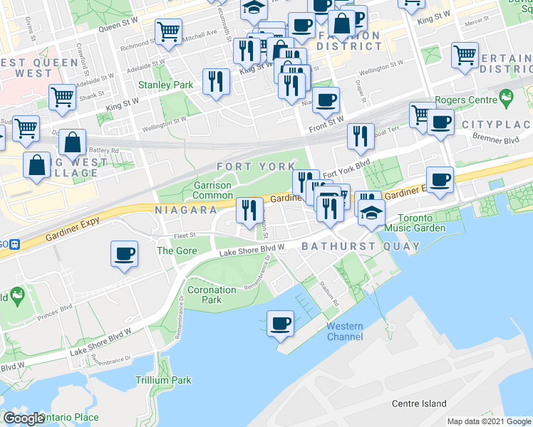 map of restaurants, bars, coffee shops, grocery stores, and more near 35 Bastion Street in Toronto