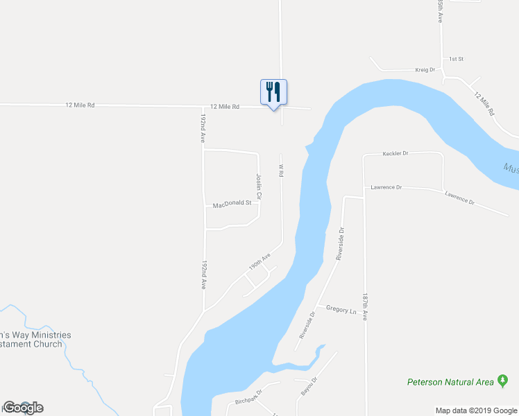 map of restaurants, bars, coffee shops, grocery stores, and more near 19051 Joslin Circle in Big Rapids