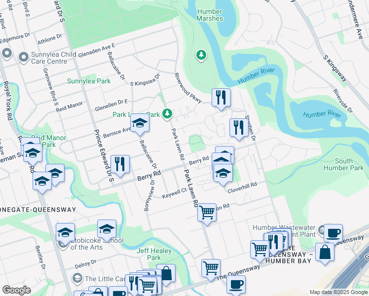 map of restaurants, bars, coffee shops, grocery stores, and more near 323 Park Lawn Road in Toronto