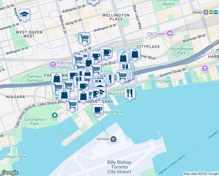 map of restaurants, bars, coffee shops, grocery stores, and more near 550 Queens Quay West in Toronto