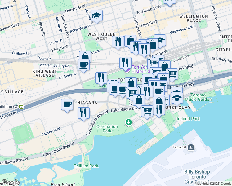 map of restaurants, bars, coffee shops, grocery stores, and more near in Toronto