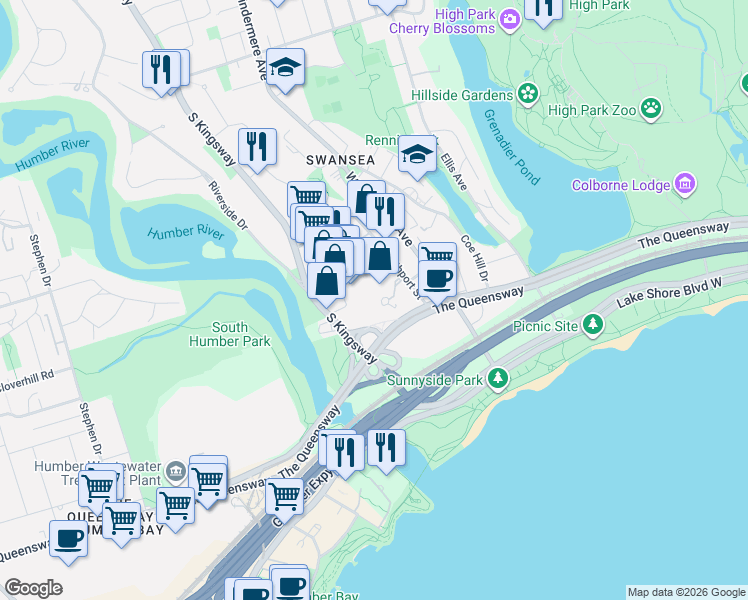 map of restaurants, bars, coffee shops, grocery stores, and more near 22 Southport Street in Toronto