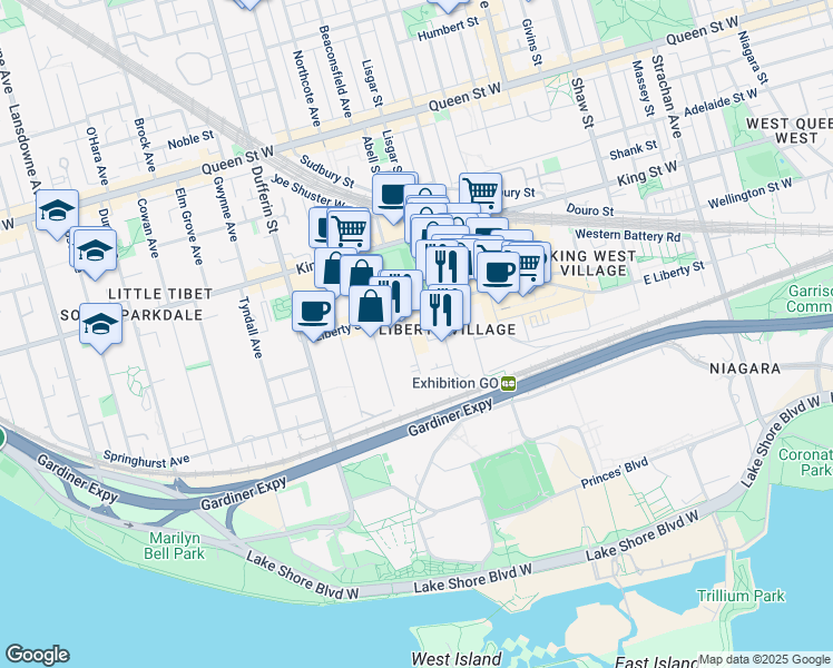 map of restaurants, bars, coffee shops, grocery stores, and more near 64 Jefferson Avenue in Toronto