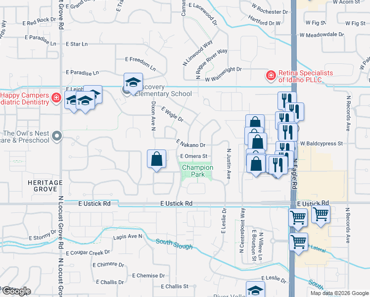 map of restaurants, bars, coffee shops, grocery stores, and more near 2470 East Swindell Drive in Meridian