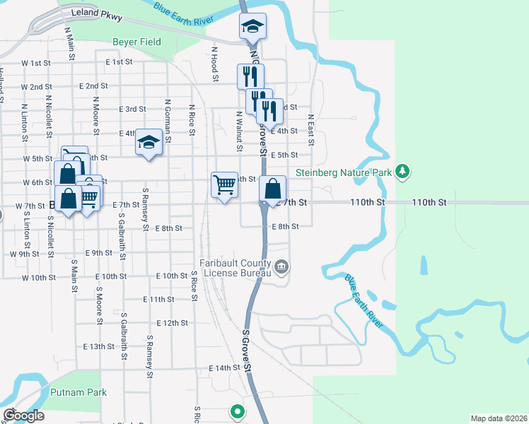 map of restaurants, bars, coffee shops, grocery stores, and more near 123 South Grove Street in Blue Earth