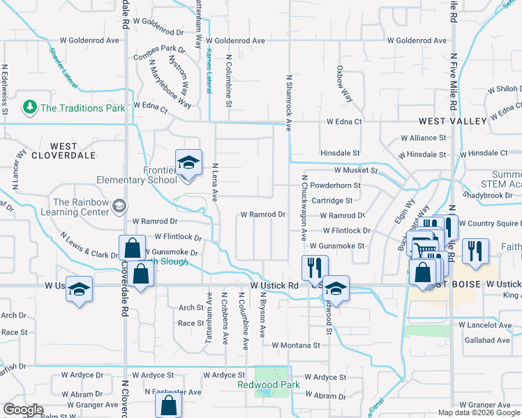 map of restaurants, bars, coffee shops, grocery stores, and more near 3625 North Tumbleweed Place in Boise