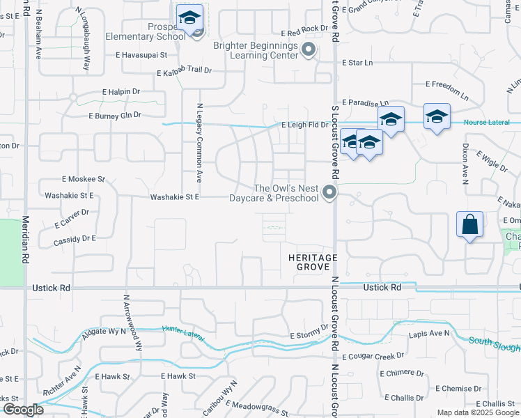 map of restaurants, bars, coffee shops, grocery stores, and more near 3660 North Colbourne Way in Meridian