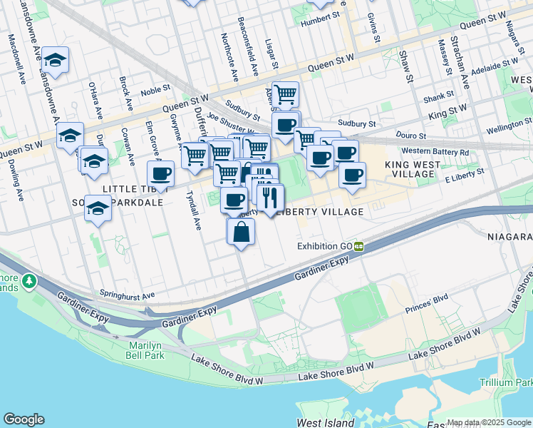 map of restaurants, bars, coffee shops, grocery stores, and more near 62 Fraser Avenue in Toronto
