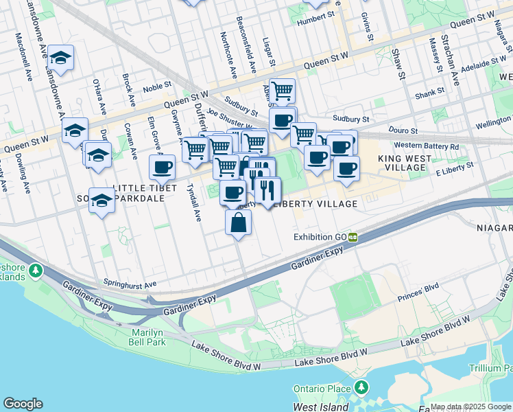 map of restaurants, bars, coffee shops, grocery stores, and more near 70 Fraser Avenue in Toronto