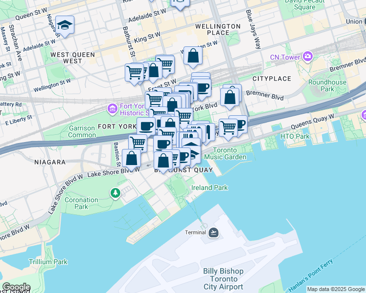 map of restaurants, bars, coffee shops, grocery stores, and more near in Toronto