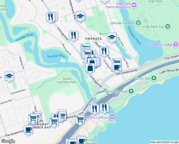 map of restaurants, bars, coffee shops, grocery stores, and more near in Toronto