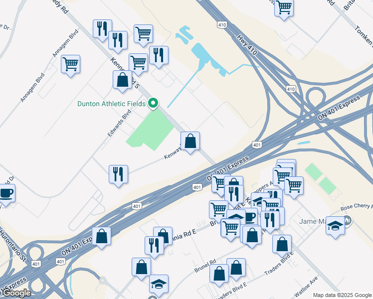 map of restaurants, bars, coffee shops, grocery stores, and more near 6150 Kennedy Road in Mississauga
