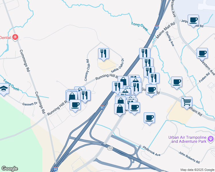 map of restaurants, bars, coffee shops, grocery stores, and more near 74 Running Hill Road in South Portland