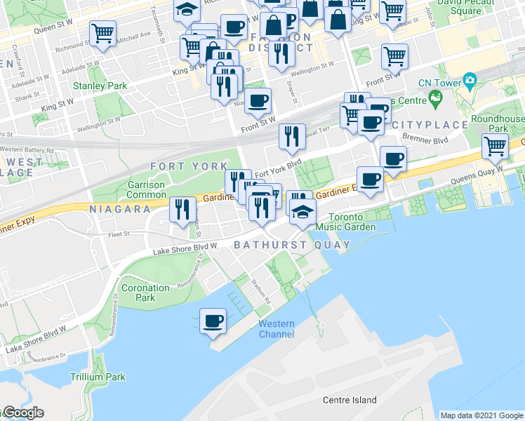 map of restaurants, bars, coffee shops, grocery stores, and more near 19 Bathurst Street in Toronto